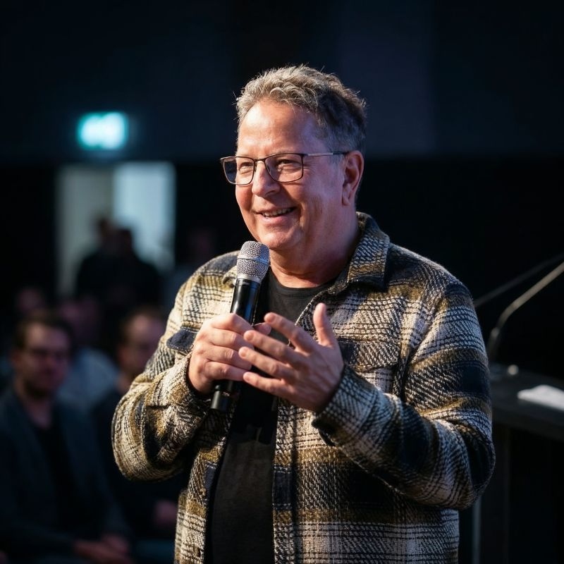 Bernd Sinzig als Keynote-Speaker mit Mikrofon auf der Bühne bei einem Vortrag über Burnout, Nachsorge und Rückkehr ins Leben
